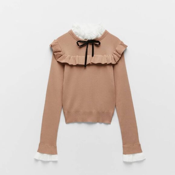 ZARA COMBINATION KNIT RUFFLED SWEATER XS NWT - Picture 6 of 7